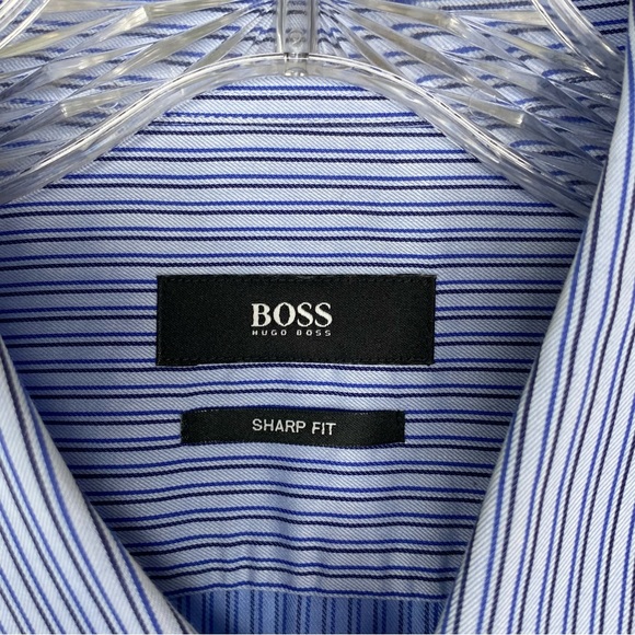 Boss Hugo Boss Mens Sharp Fit Blue Pinstripe Button Front Dress Shirt 17L 34/35 - Picture 4 of 15